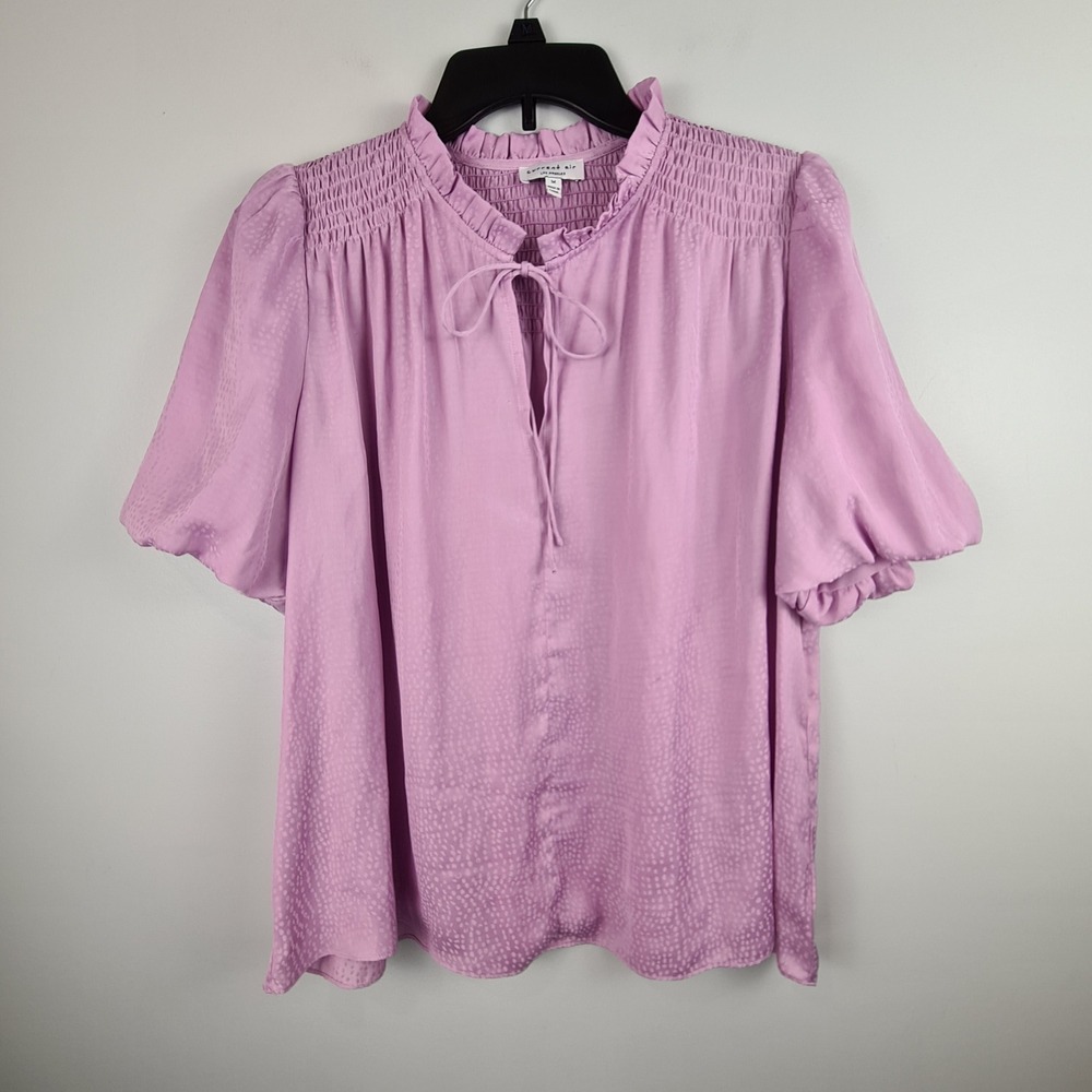 Current Air Los Angeles‎ Lavender Smocked Ruffle Neck Puff Sleeve M Blouse FLAW